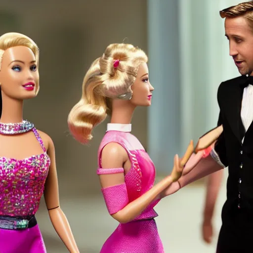 Image similar to still of ryan gosling and margot robbie, in barbie movie