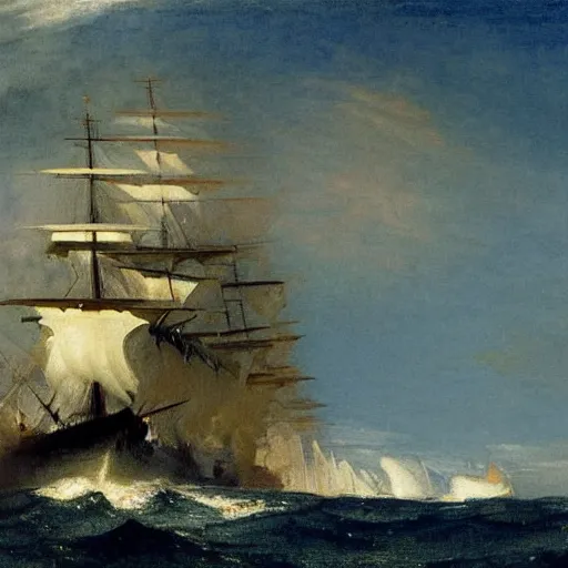 Prompt: Warship in the Carribean by Winslow Homer, by J.M.W Turner