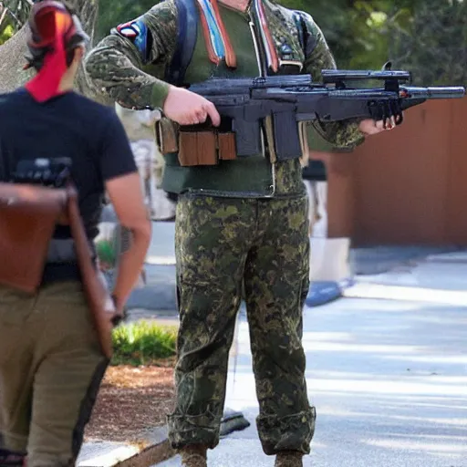 Image similar to chris pratt dressed as mario in full military uniform, shooting guns