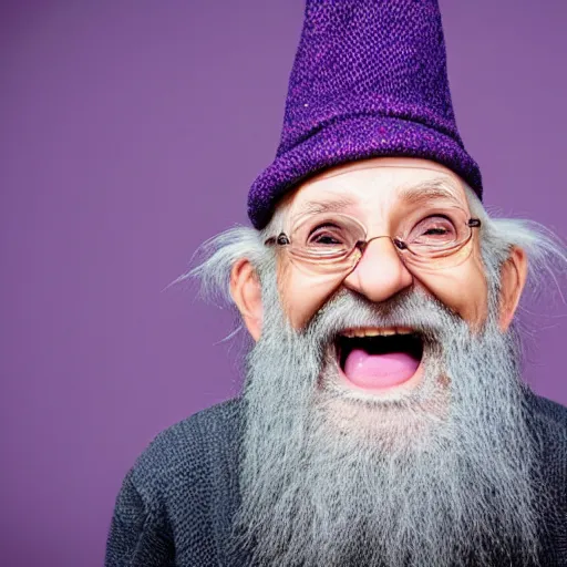 Image similar to an old bald mad wizard with bushy grey eyebrows, long grey hair and wearing a grey wizard hat, disheveled, wise old man, wearing a purple detailed coat, a bushy grey beard, sorcerer, he is yelling and laughing