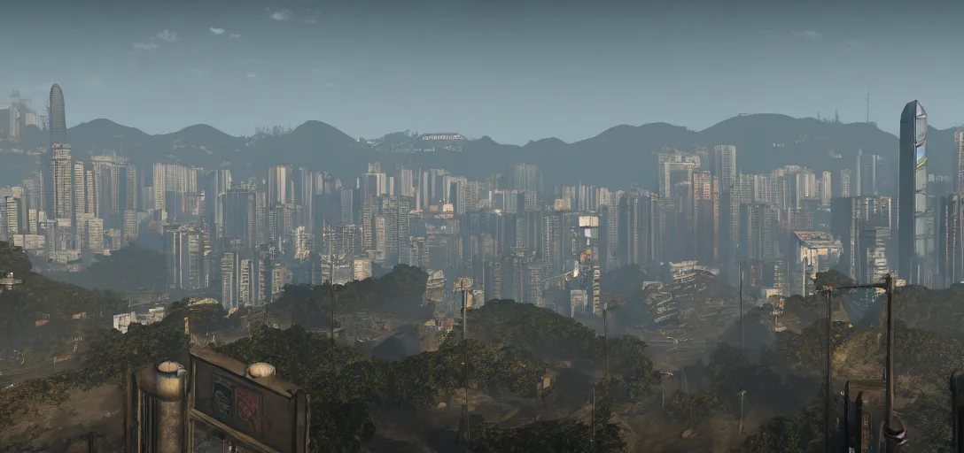 Image similar to Photo of Hong Kong Skyline in Fallout 4 Style, 8K, daytime, very detailed, high quality