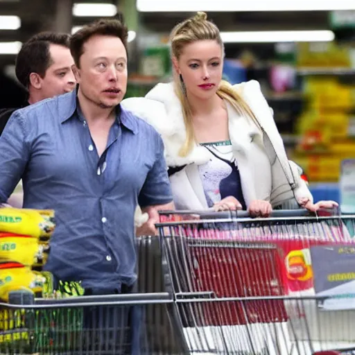 Image similar to Elon Musk and Amber Heard buying pampers at supermarket, paparrazi shot