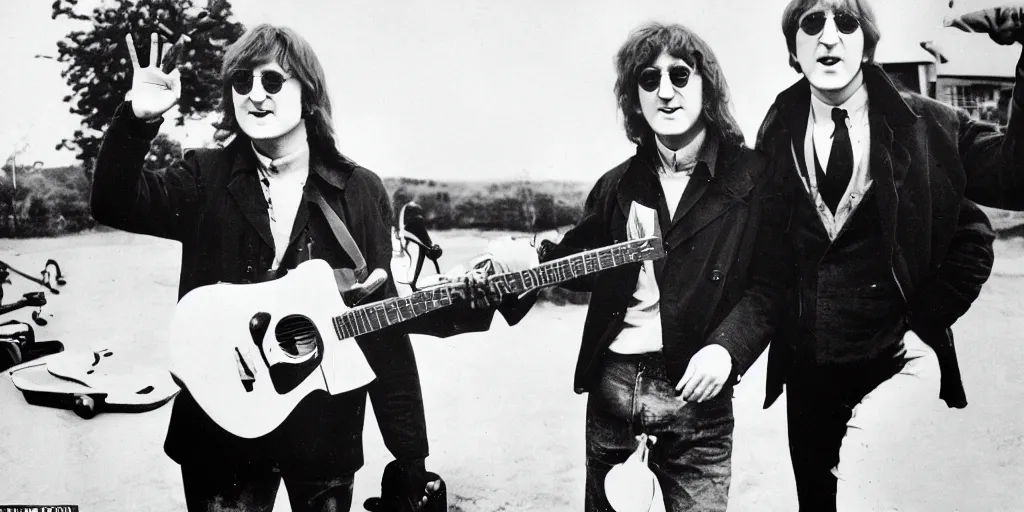 Prompt: John Lennon & Tesla working together ufo technology, black & white photograph