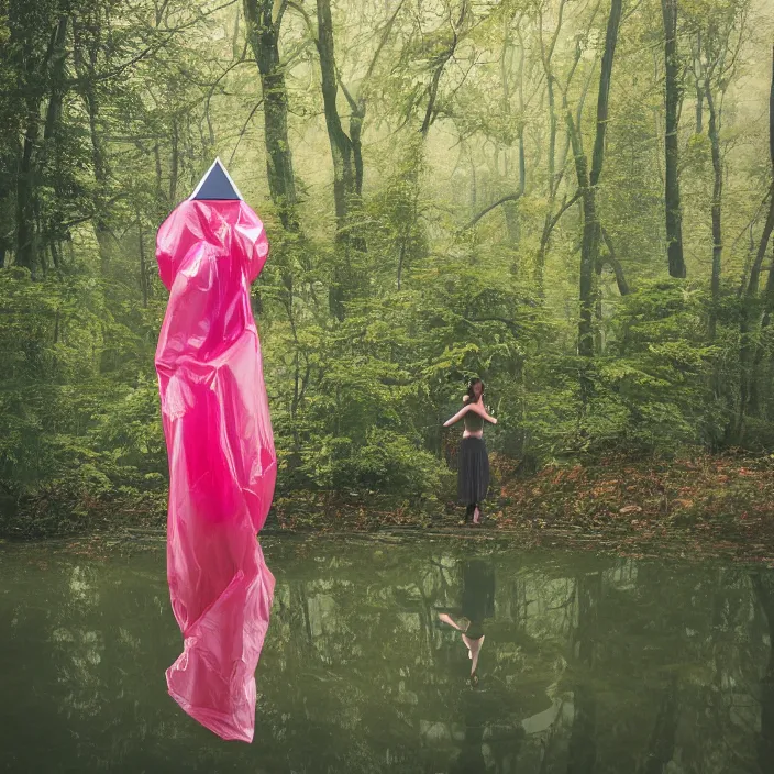 Image similar to a closeup portrait of a woman wrapped in plastic, standing next to a levitating ruby triangle, in a foggy pond, color photograph, by vincent desiderio, canon eos c 3 0 0, ƒ 1. 8, 3 5 mm, 8 k, medium - format print