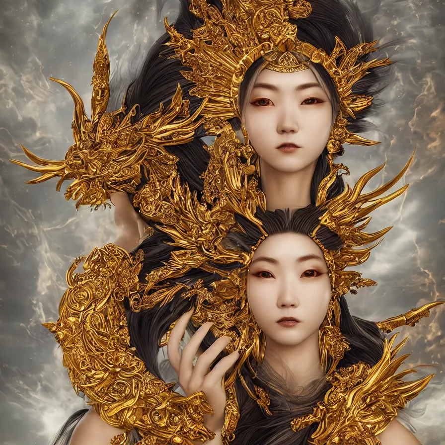 Prompt: hyper realistic portrait photo of ameterasu the sun goddess of japan, portrait shot, intricate detail, octane render