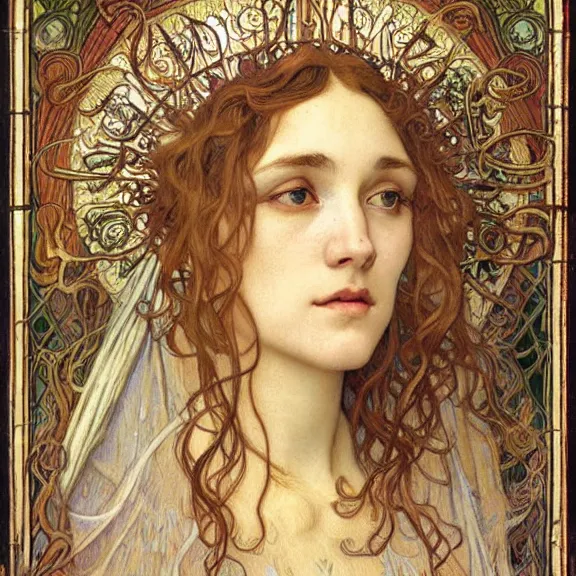 Image similar to detailed realistic beautiful young medieval queen face portrait by jean delville, alphonse mucha, vincent van gogh, and marco mazzoni, art nouveau, symbolist, visionary, gothic, pre - raphaelite