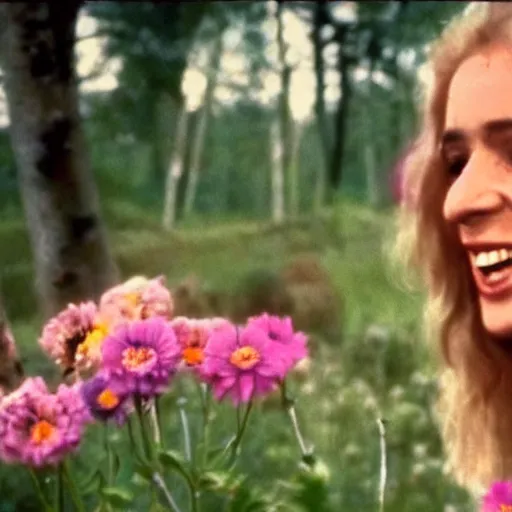 Image similar to vhs 1 9 8 0 s footage of a scene from the movie midsommar, a woman smiling while surrounded by flowers