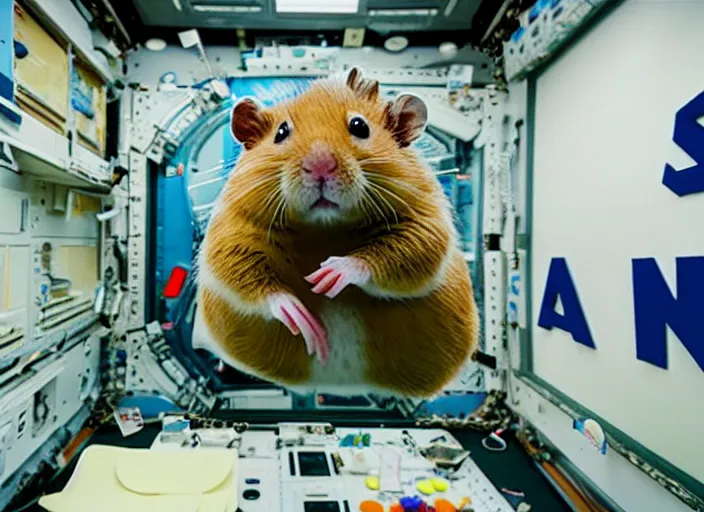 Image similar to film still of a hamster working for mission control at nasa, 8 k