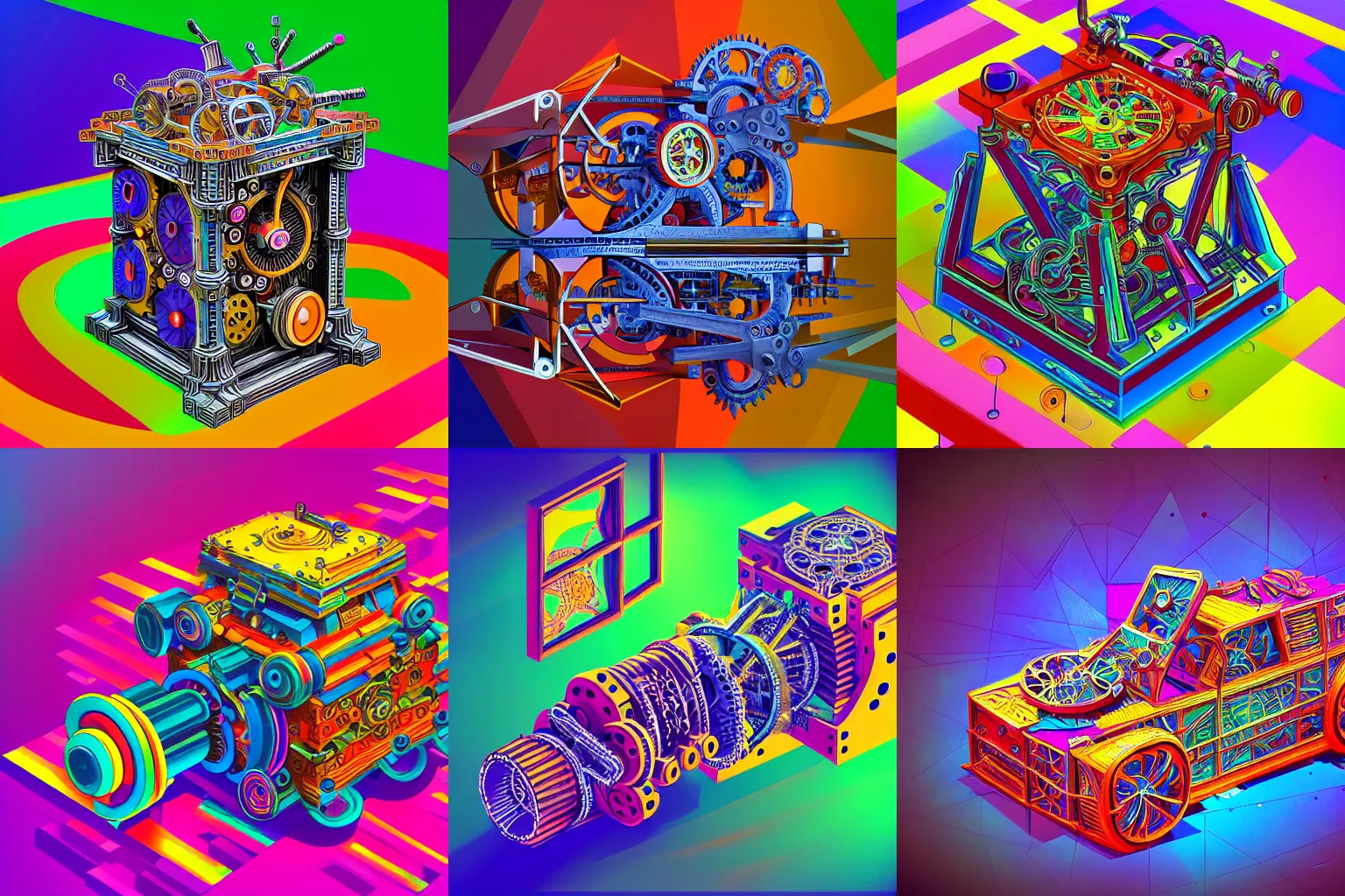 Prompt: a complicated time machine with sprockets and springs, high detail, intricate abstract, detailed abstract, isometric, optical illusion, cubism, bright colors, vivid colors, hyper detailed, high resolution, artstation