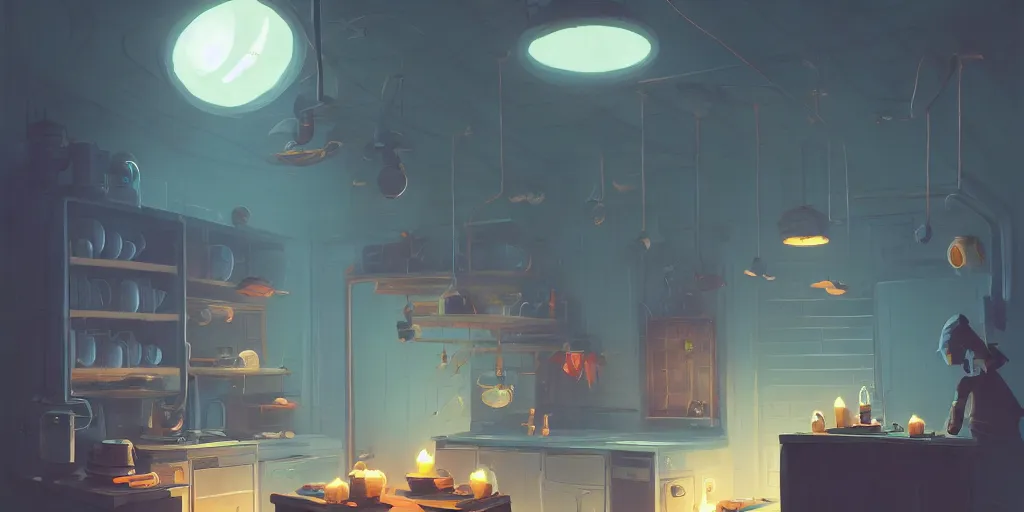 Image similar to cute solitary kitchen dim lit by a candle ripped physique simon stalenhag gerald brom bastien grivet by greg rutkowski, game background fisheye lens, low angle, day of the tentacle, bird's-eye view