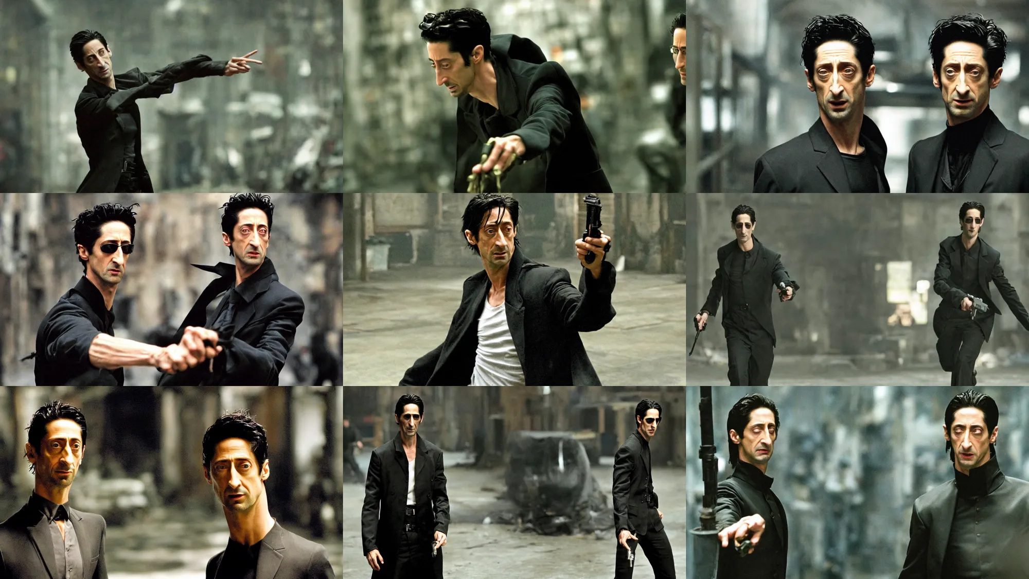 Prompt: still frame of adrien brody playing in the matrix movie