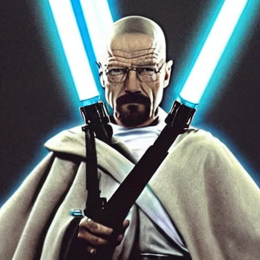 Image similar to realistic photo of walter white as a jedi from star wars, using jedi clothes and with a lightsaber