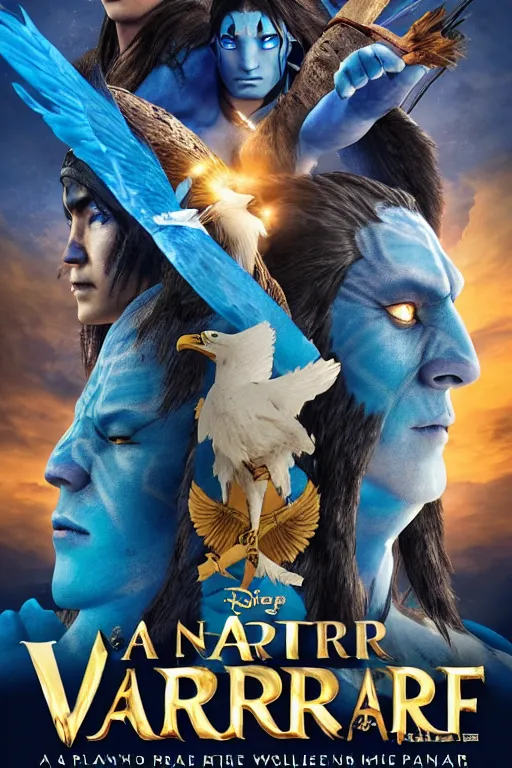 Image similar to a warrior princes with blue skin and a face of an eagle, avatar movie poster