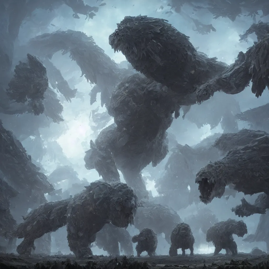 Image similar to make a giant crystal beasts by greg rutkowski, sung choi, mitchell mohrhauser, maciej kuciara, johnson ting, maxim verehin, peter konig, 8 k photorealistic, cinematic lighting, hd, high details, dramatic, atmosphereric, trending on artstation