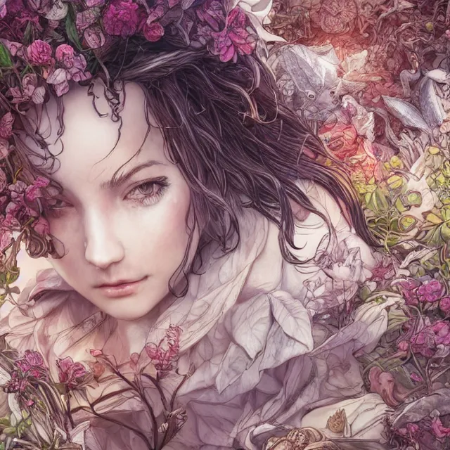 Image similar to the portrait of chaotic good female druid botanist as absurdly beautiful, gorgeous, elegant, young gravure idol, an ultrafine hyperdetailed illustration by kim jung gi, irakli nadar, intricate linework, sharp focus, bright colors, octopath traveler, final fantasy, unreal engine 5 highly rendered, global illumination, radiant light, detailed and intricate environment