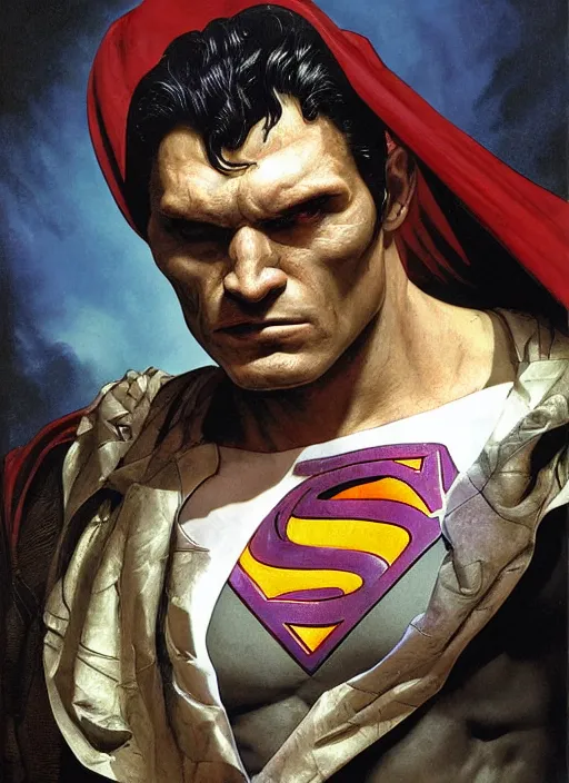 Prompt: renaissance grotesque portrait painting of old angry hernan drago as superman 2 0 7 7, sentry, superior, character redesign by lee bermejo and greg rutkowski and alphonse mucha