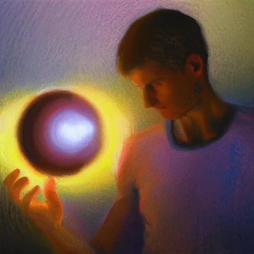 Prompt: An orb of light orbiting around a man's head, oil on canvas painting, pastel colours, depth of field, spot-lighting