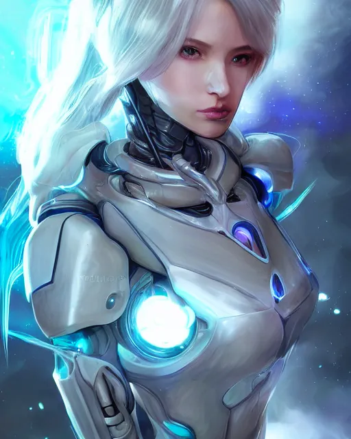 Image similar to perfect android girl on a mothership, warframe armor, beautiful face, scifi, futuristic, galaxy, nebula, bae suzy, dreamy, long white hair!!!, blue cyborg eyes, sharp focus, cinematic lighting, highly detailed, artstation, divine, by gauthier leblanc, kazuya takahashi, huifeng huang