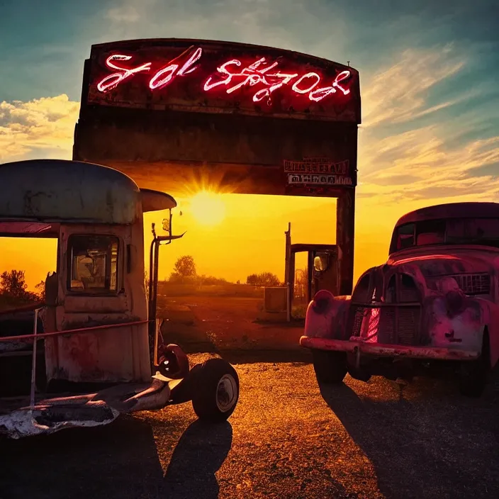 Image similar to a sunset light landscape with historical route 6 6, lots of sparkling details and sun ray ’ s, blinding backlight, smoke, volumetric lighting, colorful, octane, 3 5 mm, abandoned gas station, old rusty pickup - truck, beautiful epic colored reflections, very colorful heavenly, softlight