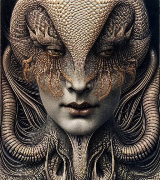 Prompt: detailed realistic beautiful dragon goddess face portrait by jean delville, gustave dore, iris van herpen and marco mazzoni, art forms of nature by ernst haeckel, art nouveau, symbolist, visionary, gothic, neo - gothic, pre - raphaelite, fractal lace, intricate alien botanicals, ai biodiversity, surreality, hyperdetailed ultrasharp octane render