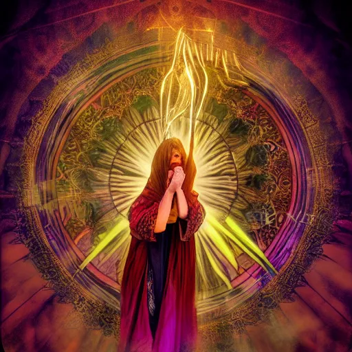 Image similar to a warlock is casting a magic spell, mystic, fantasy, magic, award winning photography, hdr, studio lighting medium close shot, mucha style,