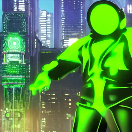 Image similar to cyberpunk super mario super realistic in neon green exoarmour in a cinematic composition