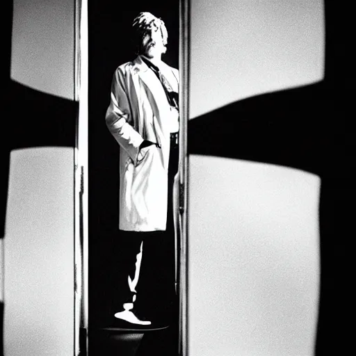 Prompt: a long shot, black & white studio photographic portrait of doctor who, dramatic backlighting, 1 9 7 3 photo from life magazine, color