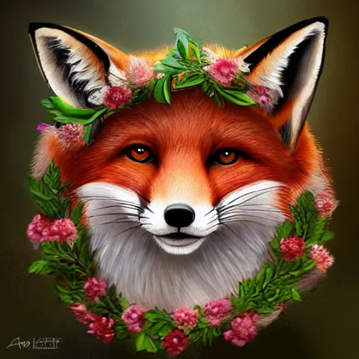 Prompt: portrait of a fox wearing a tiara, wreath flowers, fantasy art, d & d, trending on artstation, beautiful art, highly detailed