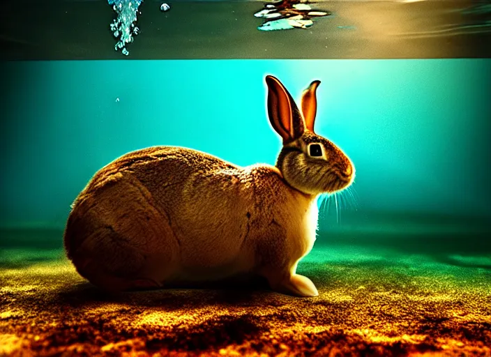 Image similar to under water rabbit, water light scattering, underwater photography, high details, 8 k, realistic shot, cinematic lighting