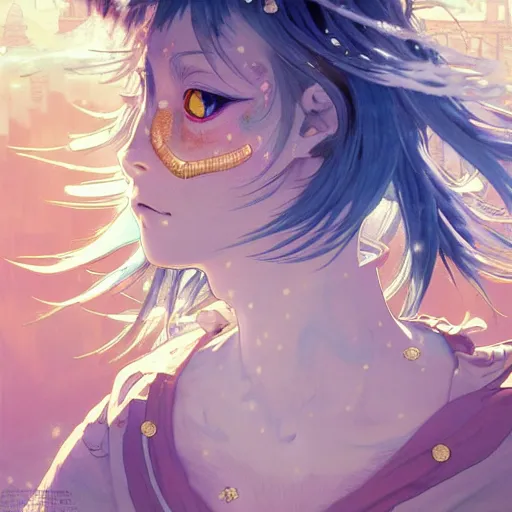 Image similar to god covered in bleach, with rhinestone eyes, covered in paralytic dreams, future pixels, illustration trending on artstation, anime. by hayao miyazaki and rossdraws and artgerm and greg rutkowski and alphonse mucha and studio ghibli and ilya kuvshinov. high quality, stunning, intricate detailed environment. 8 k