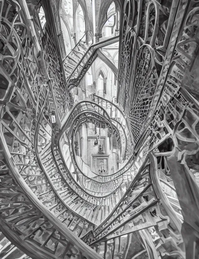 Image similar to looking down a staircase in the style of gothic brutalist architecture hyper detailed photorealistic hd 8 k post - processing high resolution