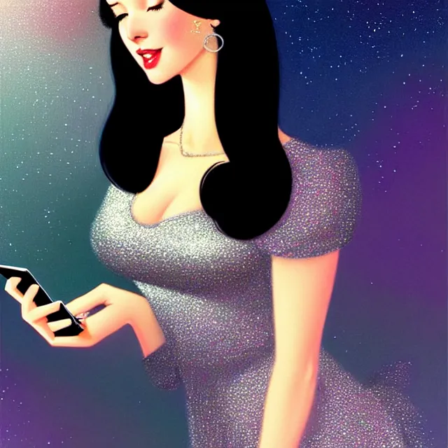 Image similar to epic professional digital art Key visual of a stunningly attractive office admin with straight black hair in a sparkly silver dress looking at her iphone, office background, by Gil Elvgren and Dorian Cleavanger, best on artstation, cgsociety, wlop, Behance, pixiv, cosmic, epic, stunning, gorgeous, much detail, much wow, masterpiece