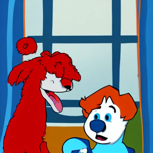 Prompt: screenshot of blue's clues with bloo from foster's home for imaginary friends