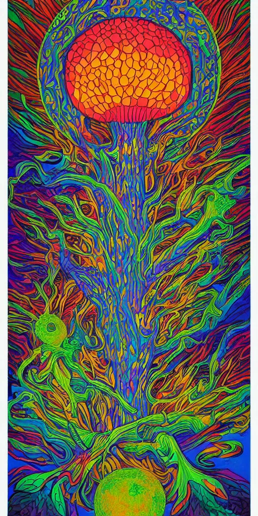 Image similar to psychedelic poster mushroom, poster, dmt, visionary art