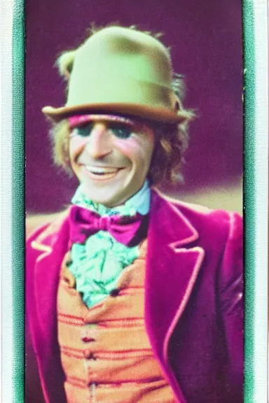 Image similar to a shaky Polaroid of Willy wonka smiling menacingly with blood smeared on the photo