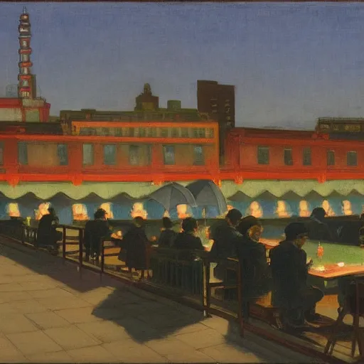 Image similar to a small rooftop with company of people sitting, shanghai bund is on the background, night, by edward hopper