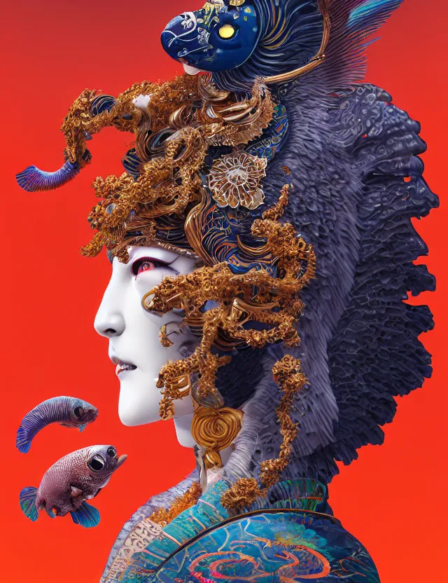 Image similar to 3 d goddess in robe close - up profile portrait with ram skull. beautiful intricately detailed japanese crow kitsune mask and clasical japanese kimono. betta fish, jellyfish phoenix, bio luminescent, plasma, ice, water, wind, creature, artwork by tooth wu and wlop and beeple and greg rutkowski