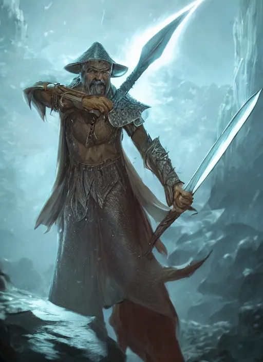 Image similar to ultra detailed fantasy wizard wielding a rod, dnd character portrait, full body, dnd, rpg, lotr game design fanart by concept art, behance hd, artstation, deviantart, global illumination radiating a glowing aura global illumination ray tracing hdr render in unreal engine 5