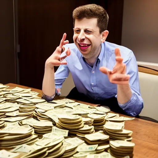 Prompt: Sam Altman laughing at a huge pile of money on a table, dslr photo