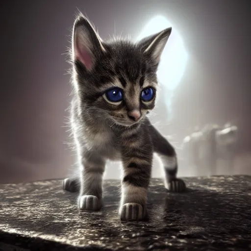 Image similar to full body pose, hyperrealistic photograph of kitten jedi, dim volumetric lighting, 8 k, octane beautifully detailed render, extremely hyper detailed, intricate, epic composition, cinematic lighting, masterpiece, trending on artstation, very very detailed, stunning, hdr, smooth, sharp focus, high resolution, award, winning photo, dslr, 5 0 mm