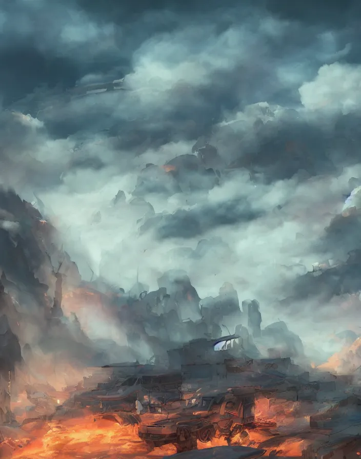 Prompt: Concept art, random fight with muskets and pikes, cinematic scenes, blue sky with beautiful clouds, fire and grey smoke here and there, boixcar style, matte painting, vaporwave vaporwave vaporwave watercolor cover art with warm and vibrant colors, volumetric light, oil on canvas art by Rossdraws, award-winning masterpiece with incredible and beautiful details digital art, trending on artstation, smooth, 4K