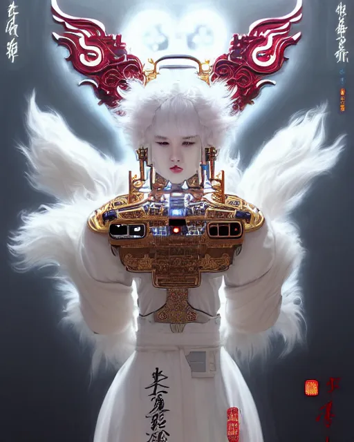 Image similar to portrait of a fluffy white cat cyberpunk machine, machine face, robed, upper half portrait, decorated with chinese opera motifs regal asian machine robot cyberpunk fine china, wuxia, traditional chinese art intricate intense elegant highly detailed digital painting artstation concept art smooth sharp focus illustration, art by artgerm and greg rutkowski alphonse mucha 8 k