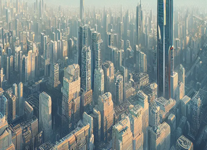 Prompt: A professional sci-fi digital painting of an art deco city viewed from the top of a skyscraper, three point perspective, by Alena Aenami, trending on Artstation