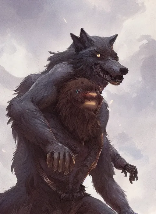 Image similar to a werewolf guardian supporting a small sorcerer girl on his shoulder, ultra detailed, fantasy, dramatic lighting, trending on artstation, award - winning, artgerm and greg rutkowski, 8 k