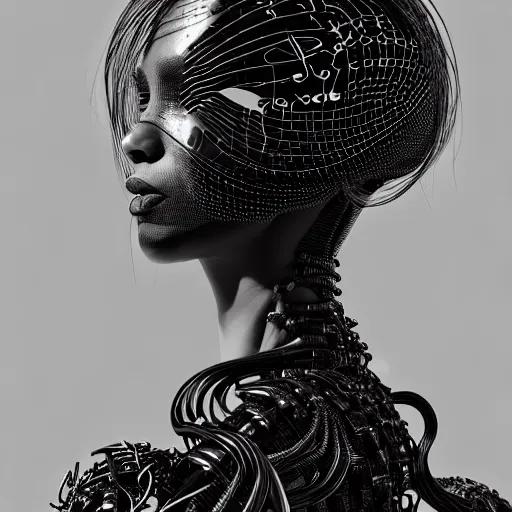 Image similar to portrait of an absurdly beautiful, graceful, sophisticated, fashionable black cyberpunk mechanoid gravure idol, hyperdetailed illustration by irakli nadar, adut akech, matt wisniewski style, intricate linework, dark black porcelain skin, jellyfish headdress, unreal engine 5 highly rendered, global illumination, red light, detailed and intricate environment