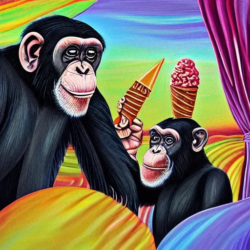 Image similar to a detailed art painting chimpanzee photograph of two chimpanzees!!! worshiping a giant ice cream cone sent by aliens that chimpanzees are worshiping, at dawn. by digital artists.