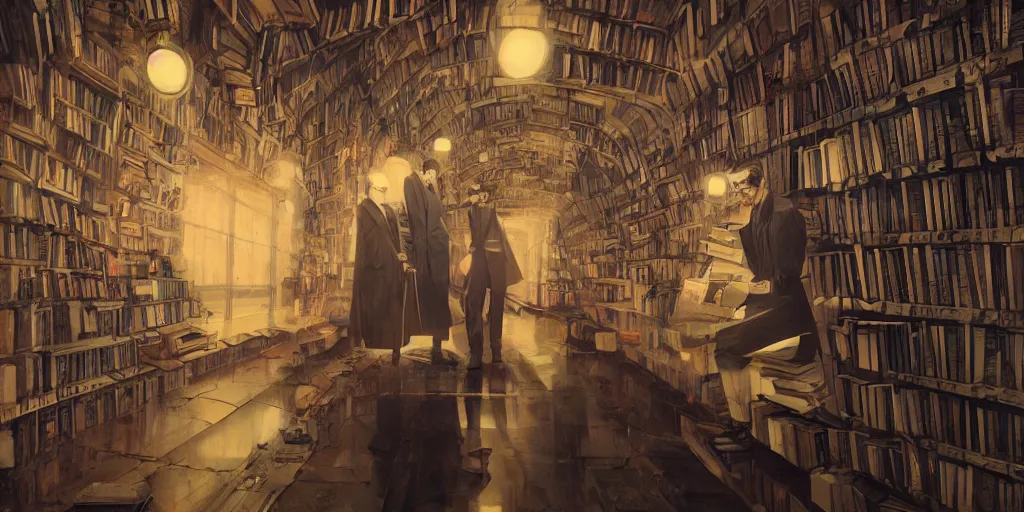 Image similar to cinematic shot of the portrait of an jorge luis borges and an old franz kafka as owners of a bookstore full of books, dystopian future, neon lights, sci - fi, night lights, haze, concept art, intricate, in the style of katsuhiro otomo, akira, unreal engine