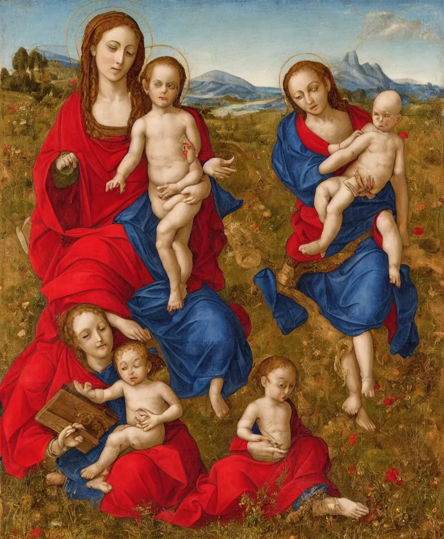 Prompt: Detailed Portrait of Madonna, curly red hair red shirt blue cloth, with infant Jesus, bald, holding a thin cross and fighting with another boy in front of Madonna in the style of Raffael. They are sitting in a dried out meadow near Florence, red poppy in the field. Empty Middleground. On the horizon, there is a blue lake with a town and blue mountains. Flat perspective.