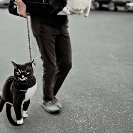 Prompt: a cat carrying a human in a pet backpack