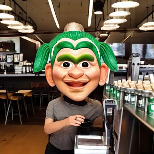 Prompt: a photo of an ugly troll working at starbucks